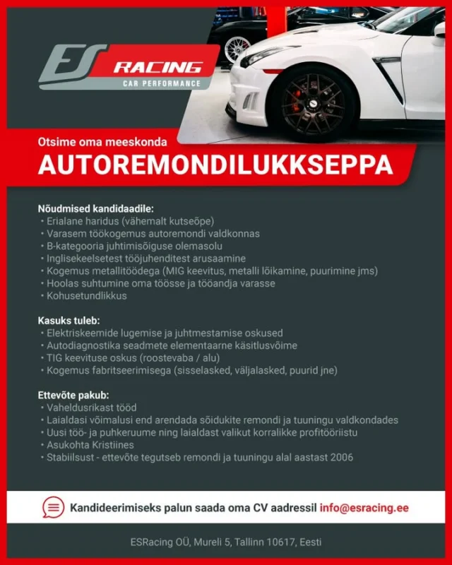 OTSIME OMA MEESKONDA MEHAANIKUT! ESRacing kutsub oma tiimiga liituma kogenud, pädevat ja pühendunud mehaanikut/autoremon…